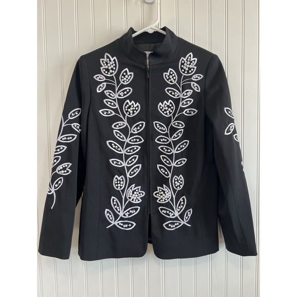 Victor Costa Jackets & Blazers - victor‎ costa occasion jacket Women XS Black With White Flowers  VTG Embroidered